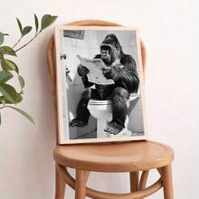 2D Flat 2D Art 1pc Unframed Gorilla Sitting On Toilet Reading Newspaper Vintage Style Canvas Print - 30.48X40.64cm Unframed Bathroom Wall Art, Home And Office Humorous Animal Decor, Mother's Day Gift, Apartment Decoration - C - View 2