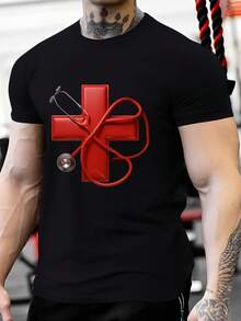 Camiseta Casual de Manga Corta para Hombre, Estampado de Cruz Roja y Estetoscopio - Algodón Transpirable, Cuello Redondo, Moda de Verano 180g - Blanco - Ver 6