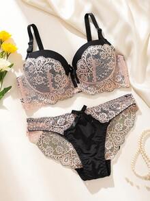 CD Cup High-Quality Luxury Plus Size Thin Cup Women's Bra Set, Comfortable Lace Contrast Color Lingerie & Panty Set - Multicolor - View 1