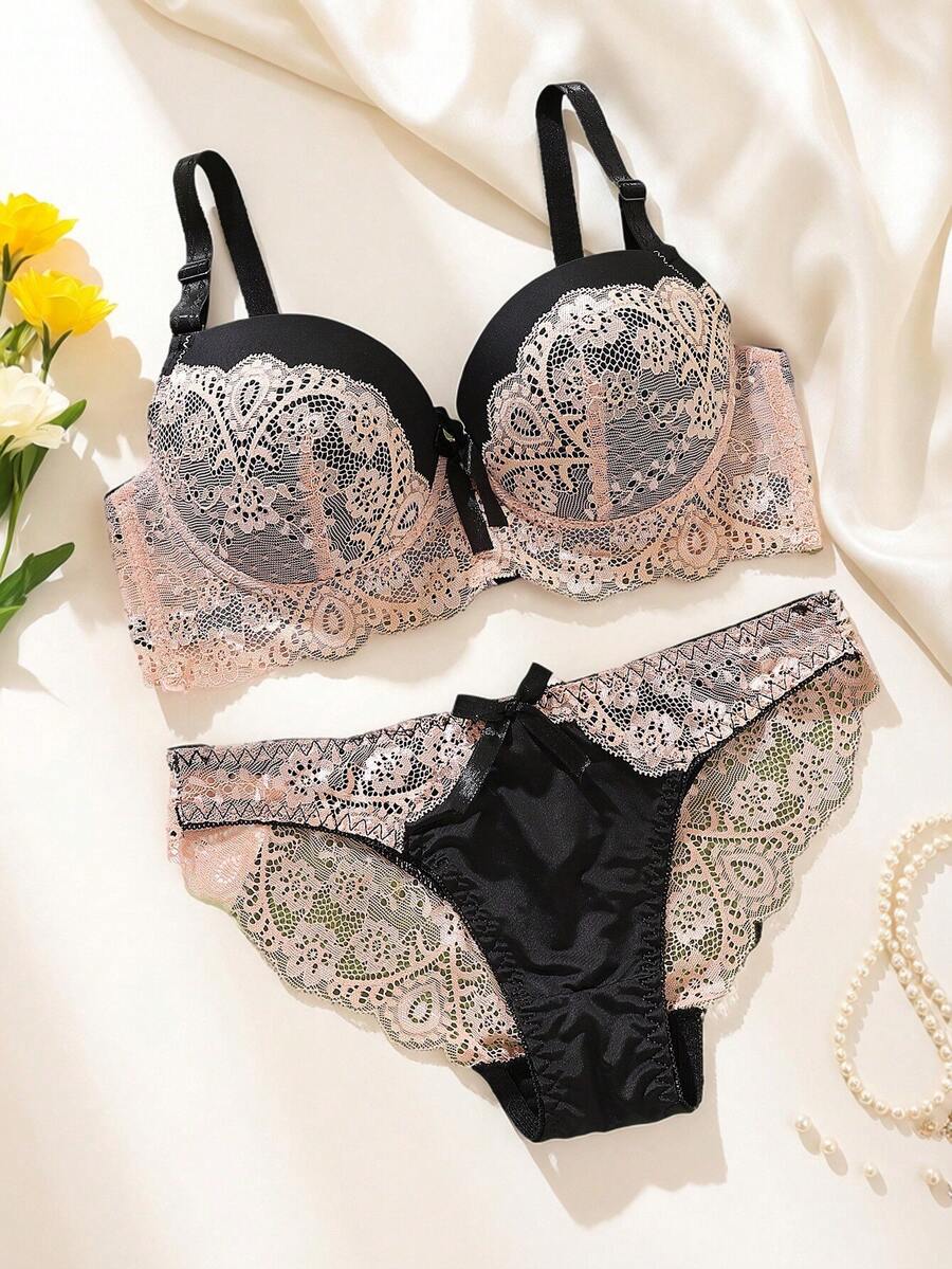 CD Cup High-Quality Luxury Plus Size Thin Cup Women's Bra Set, Comfortable Lace Contrast Color Lingerie & Panty Set - Multicolor - View 1