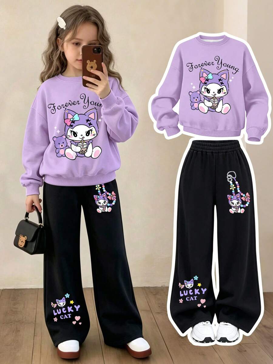2pcs/Set Girls Outfit, Lucky Cat Forever Young Print Sweatshirt + Wide Leg Pants, Soft Casual Street Style - Mauve Purple - View 1
