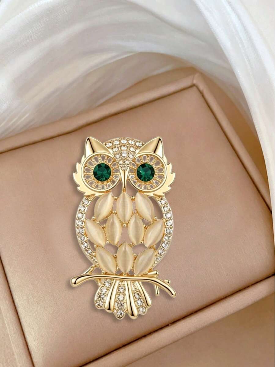 1件金色猫眼石猫头鹰胸针 - 金黃色 - 查看 1