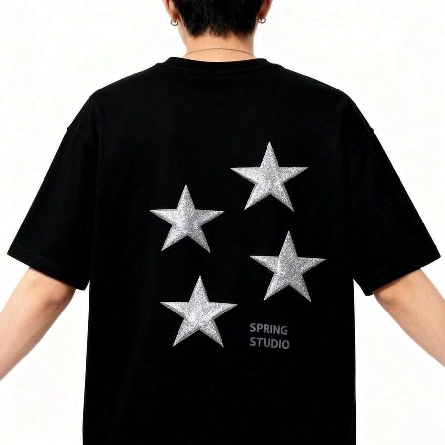 Unisex T-Shirt With Sparkling Star Print, Minimalist Style, Versatile Casual Wear For Everyday Use, Local Shipping In Mexico - 黑色 - 查看 1