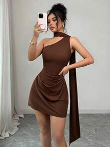 abyoxi 女款咖啡棕單肩繫帶領不對稱領口抓皺腰身修身迷你洋裝，優雅時尚，適合度假、海灘派對、婚禮、節慶、畢業典禮、派對等場合，緊身彈性春夏短洋裝 - 咖啡棕 - 查看 5