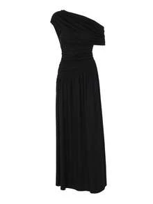 Women's Solid Color Ruched Halter Dress, Summer Party Black Elegant - Black - View 5