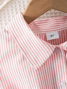 Tween Girl Casual Preppy Style Pink Cotton Striped Tie-Up Sleeveless Shirt, Suitable For Vacation, Gatherings, Group Activities - Pink - View 4