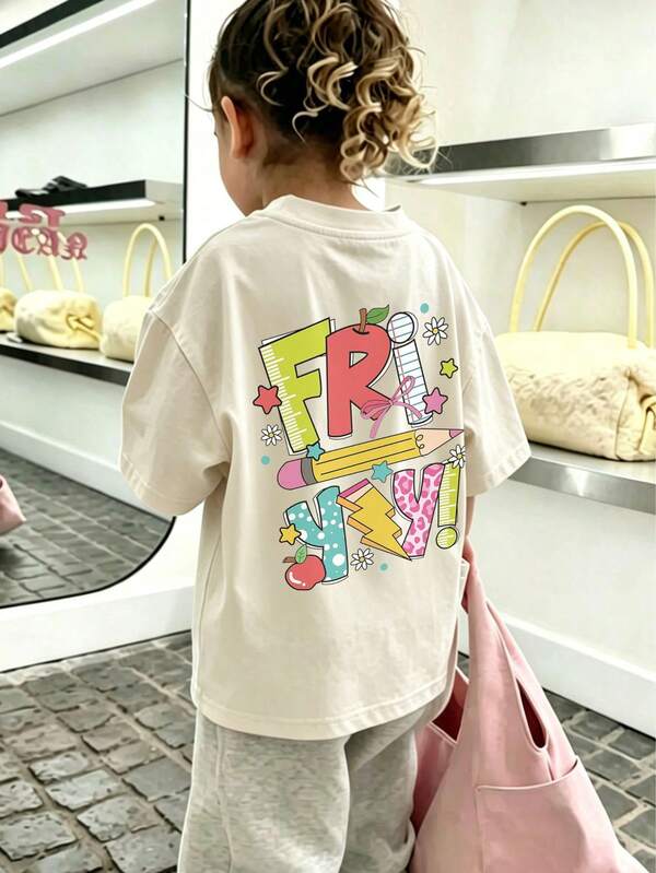 [Back To School Season]Young Girl Clothes Printed Pullover Short Sleeve T-Shirt Student Youth Children's Clothing Summer Top Prepared For Girls Ready To Play