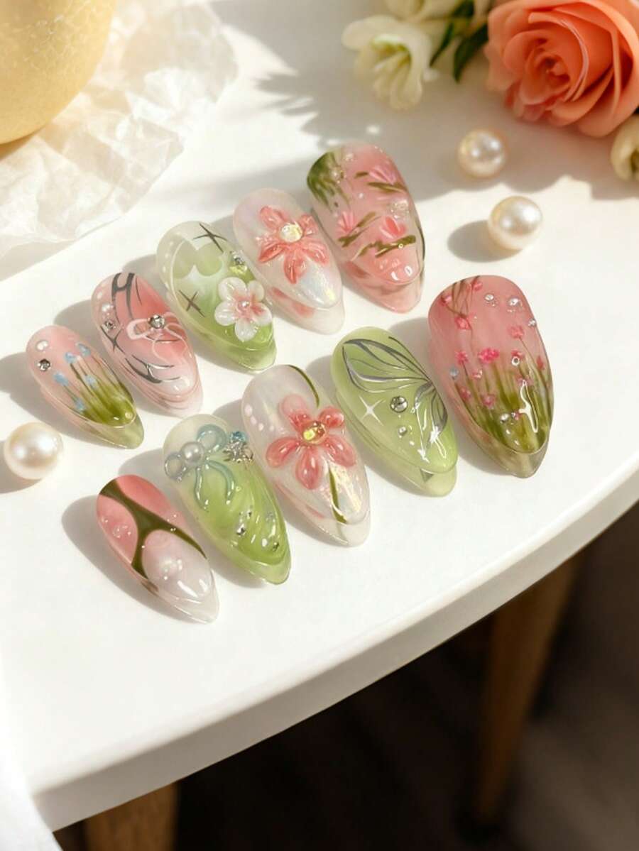 10片裝 3D不對稱線條珍珠漸層甜美花卉時尚歐美Ins風穿戴式假指甲,適合節日與日常佩戴 - 彩色 - 查看 1