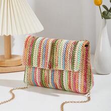 Women's Colorful Contrast Woven Fabric Magnetic Closure Small Square Crossbody Bag - Multicolor - View 3