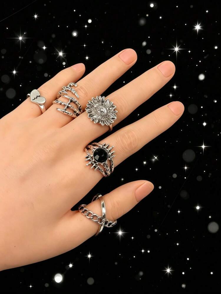 Set Cincin Gaya Gothic Punk Vintage Fashion 10/20pcs, Unisex, Desain Campuran Tengkorak, Poker, Kupu-kupu, Cakar Naga, Dapat Ditumpuk, Hadiah Perhiasan Pesta Sehari-hari - Set Cincin Gaya Punk Batu Hitam - View 8