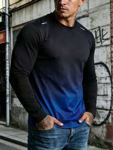 Men's Fashion Gradient Color Long Sleeve T-Shirt, Round Neck, Versatile Streetwear Brand Sports Short Sleeve Tee - Blue - View 1