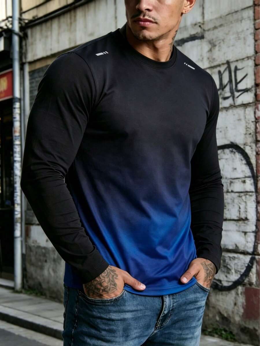 Men's Fashion Gradient Color Long Sleeve T-Shirt, Round Neck, Versatile Streetwear Brand Sports Short Sleeve Tee - Blue - View 1