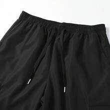 Men's Black Drawstring Waist Side Diagonal Reflective Stripe Cargo Wide Leg Long Pants - Black - View 6