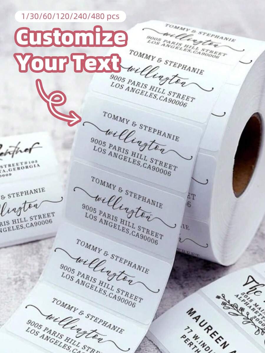 1/30/60/120/240/480pcs Personalized Address Labels, Personalized Wedding Address Labels, Customized Return Address Stickers Suitable For Cards, Envelopes, Waterproof And Oil-Proof Stickers, Transparent Stickers, Multi-Functional, Decorative, Exquisite, Fashionable, High Quality, Unique Stickers, Perfect For Tea Room, Home, Garden, Office Decor, Ideal Gift For Him, Her, Family, Friends, Couples, Perfect For Wedding, Anniversary, Valentine's Day, Mother's Day, Birthday, Father's Day, Graduation - White - View 1