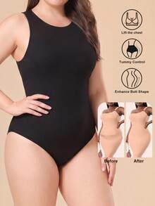 Plus Size Ribbed High Neck Bodysuit For Women, Racerback Tummy Control Butt Lifting Shapewear - Black - View 3
