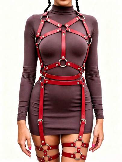 1 bộ dây đai body harness phong cách punk màu đỏ gợi cảm cho nữ kèm dây đai chân và đai nịt tất, phù hợp cho tiệc club, trang phục cá tính hoặc tiệc lễ hội