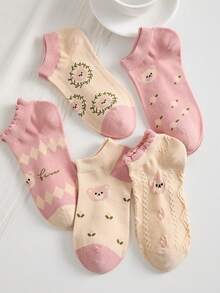 5 Pairs Women's Ankle Socks, Pink Teddy Bear Diamond Lace Mid-Calf Socks, Comfortable For Sports And Daily Wear, Versatile For All Occasions - Multicolor - View 3