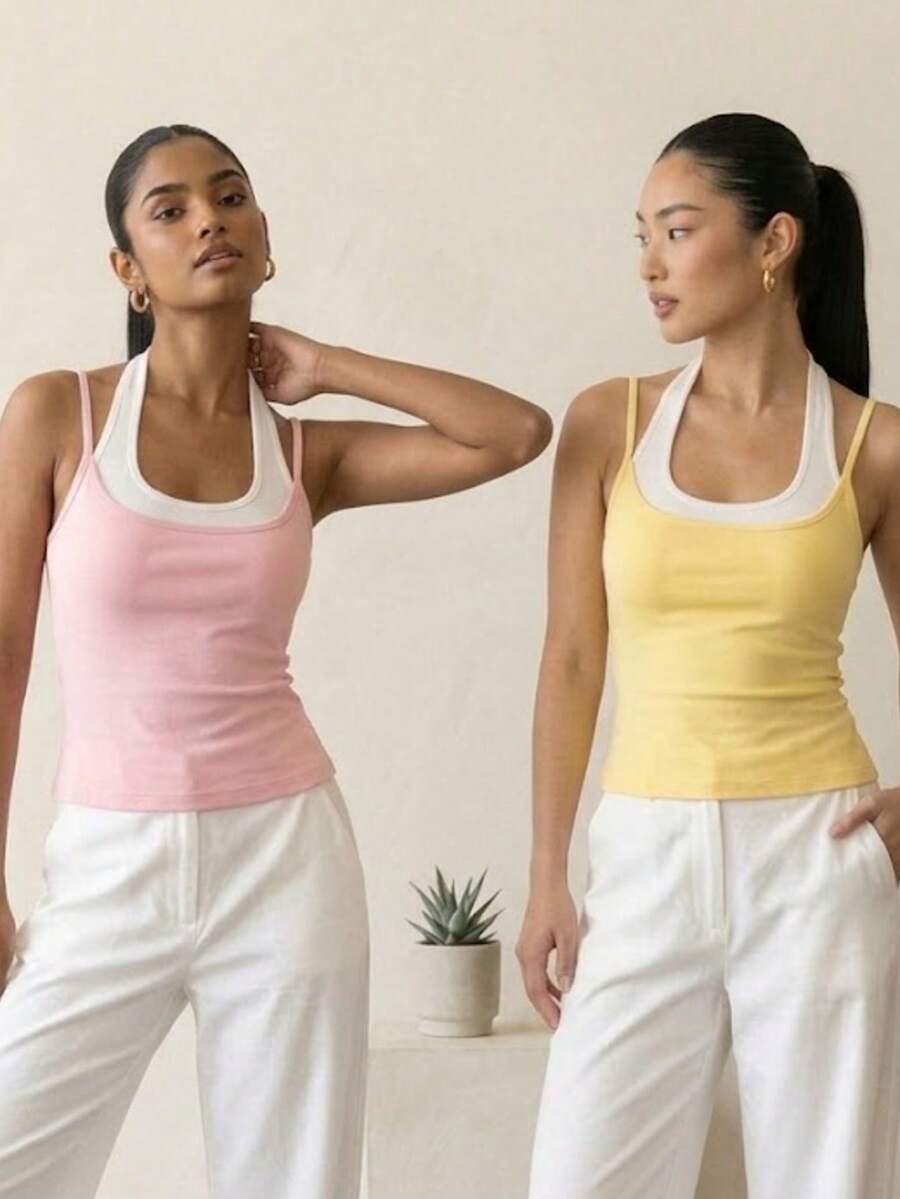 Women's Two-Pack Layered Look Tank Top, Slim Fit Sleeveless Bodycon Casual Basic Top - Yellow - View 1