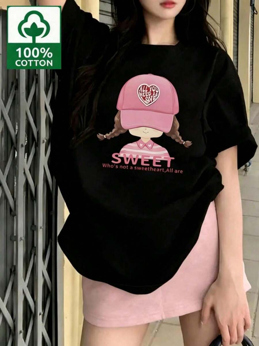 Women's 100% Cotton Short-Sleeved T-Shirt, Black, Cotton, Character Print, American Casual, Street Style, Y2K, Pink, Loose Fit, Korean Fashion, Summer, Domestic Shipping. Women's Clothing, New Summer Styles, High-Price Short-Sleeved Summer Clothes For Women, Spring Clothes. - Black - View 1