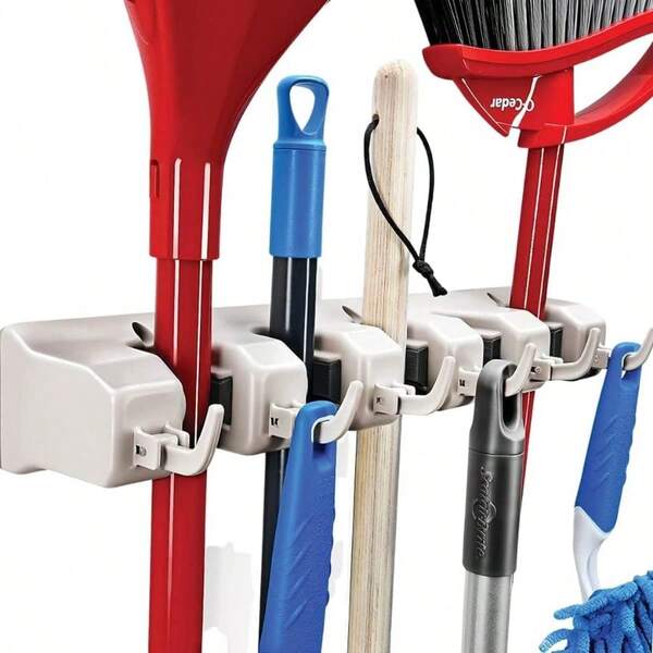 It Mop and Broom Holder, 5 Position with 6 Hooks Garage Storage Holds up to 11 Tools, Storage Solutions for Broom Holders, Garage Storage Systems Broom Organizer for Garage Shelving Ideas