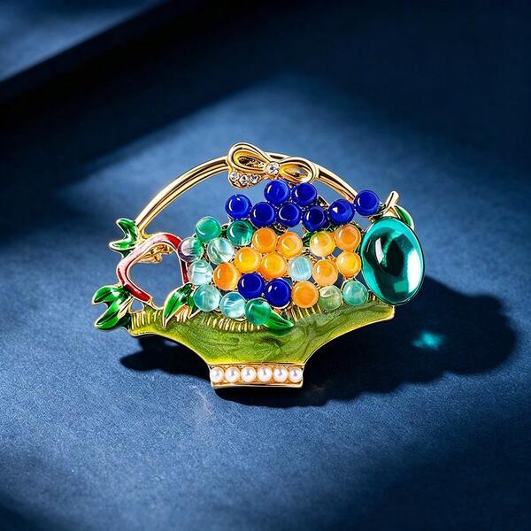 Fruit Basket Brooch Korean Style Fashion Versatile Cat Eye Brooch High-End Luxury Rhinestone Brooch