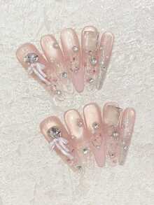 10pcs Kuku Akrilik Tempel Buatan Tangan Panjang Lancip Transparan Kaca Es Merah Muda Prancis 3D Pita Persegi Transparan Rhinestone Mata Kucing Bening Tekstur Pecah Mewah Pengerjaan Berat Gaya Perempuan Sehari-hari Kencan Pesta Liburan Musim Panas - berwarna merah muda - View 13