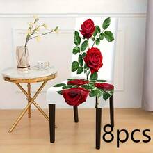 Floral Stretch Chair Covers, Two Rose Prints: Vintage Blush Peony & Vivid Red Rose, Multi Packs(1/2/4/6/8pcs), High Elastic Full Wrap Washable, 2D Printed, Easy Install For Dining, Party Decor & Gifts. - Multicolor - View 14