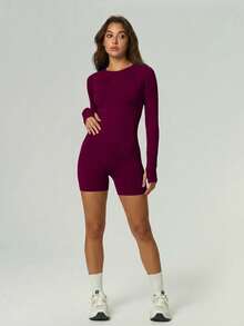UONNOU Women's Seamless Soft Backless Long Sleeve Thumbhole Tummy Control Butt Lift Fitness Romper - Purple - View 12