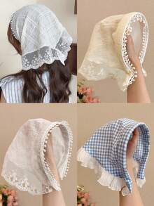 1Pc French Vintage Boho Headscarf For Women Girls, Cottagecore Floral Lace Bandana Triangle Hair Scarf Plaid Cloth Headband Summer Cute - Multicolor - View 1
