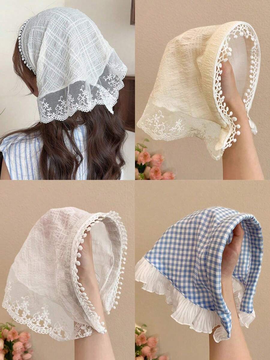 1Pc French Vintage Boho Headscarf For Women Girls, Cottagecore Floral Lace Bandana Triangle Hair Scarf Plaid Cloth Headband Summer Cute - Multicolor - View 1