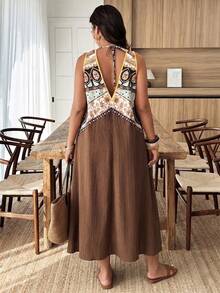 Plus Size Printed Patchwork Backless Sleeveless Vacation Dress Elegant Summer - Multicolor - View 4