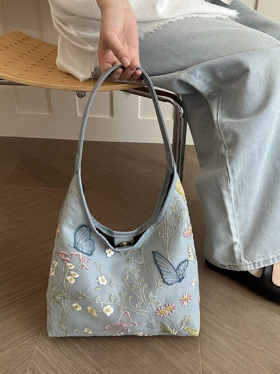 女款休閒大容量新中式刺繡包 2026新款通勤單肩包 隨性托特水桶包 - 藍色 - 查看 1