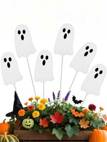 6pcs Halloween Ghost Garden Decor Stakes, Autumn Harvest Garden Signs, White Little Ghost Fall Yard Decor Stakes, Outdoor Decoration, Suitable For Halloween, Harvest Thanksgiving Home Lawn Porch Holiday Front & Backyard Decor, Garden Decor Stakes, Halloween Table Centerpiece Bouquet Decor, Flower Pot Decor, Halloween Decoration - White - View 4