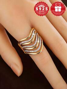 1pc 925 Sterling Silver Wave V-Shaped Cubic Zirconia Inlaid Ring, Size 7-11, Daily Wear Valentine's Day Gift, Comes With Gift Box - Gold - View 7
