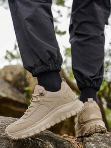 Solid Color Outdoor Lace-Up Hiking Shoes, All-Season Versatile Retro Round Toe Plus Size Street Style Thick Sole Work Boots For Men - Khaki - View 10