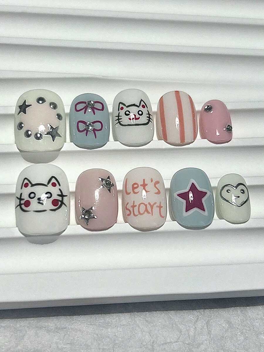 10pcs Star Burst Color Block Cute Style Press-On Nail Tips Handmade Doodle Cat Bow Short Fake Nails Nail Art Supplies (1pc Jelly Sticker + 1pc Nail File) - Multicolor - View 1
