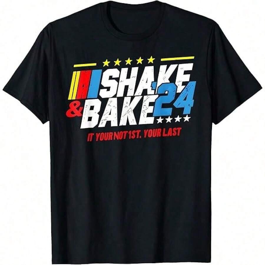 T-shirt noir en coton à manches courtes avec la inscription "Shake and Bake 24" (Si vous n'êtes pas premier, vous êtes dernier), coupe décontractée. T-shirts d'été pour femmes, t-shirt décontracté à manches courtes. - Noir - Voir 1
