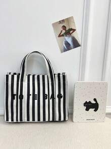 Fashionable Large Capacity Striped Tote Bag, Letter Decoration, Suitable For Women Shopping, Commuting And Daily Use - Black - View 2