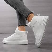 Women's Solid Color Lace-Up Mid-Top Soft EVA Sole Breathable Versatile Commute Casual Sports Sneakers - White - View 2