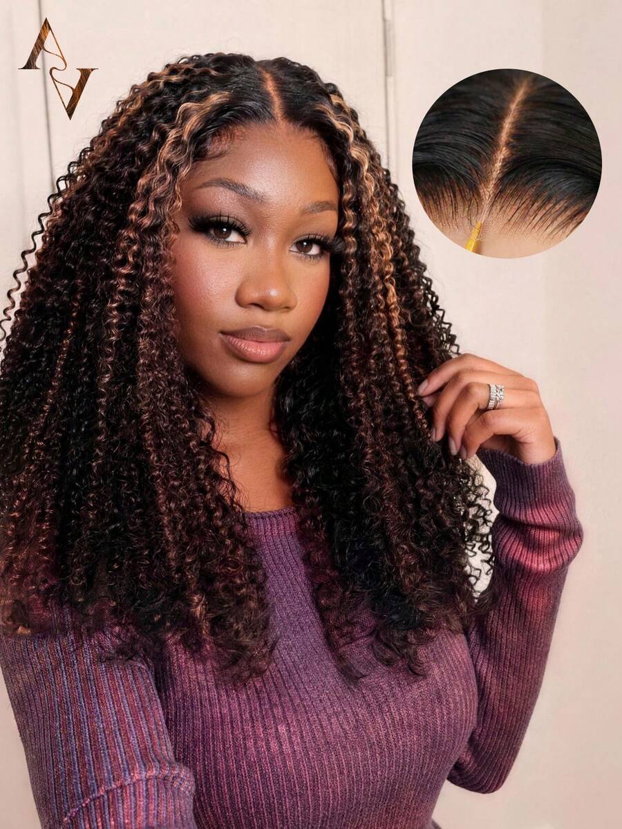 ARABELLA Afro Kinky Locken Blonde Highlights 6x6 T-Part Lace Frontal Perücke 100% Echthaar Mittelscheitel Transparente Spitze Vorgeschnitten Klebstofffrei 150% Dichte 14-16 Zoll Vorbleichen Kleine Knoten Frauen - Verschiedenfarbig - Übersicht 1