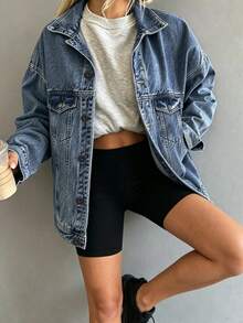 Classic Women's Denim Jacket Suitable For All Seasons. 100% Pure Cotton Vintage Washed Jacket. Loose Fit, Versatile And Casual Top - Dark Denim Blue - View 2