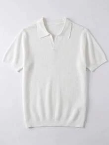 男士純色華夫格針織 Polo 衫，短袖休閒上衣，輕量款 - 白色 - 查看 5