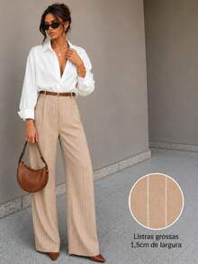 Striped Tailored Wide Leg Pants - Apricot - View 1