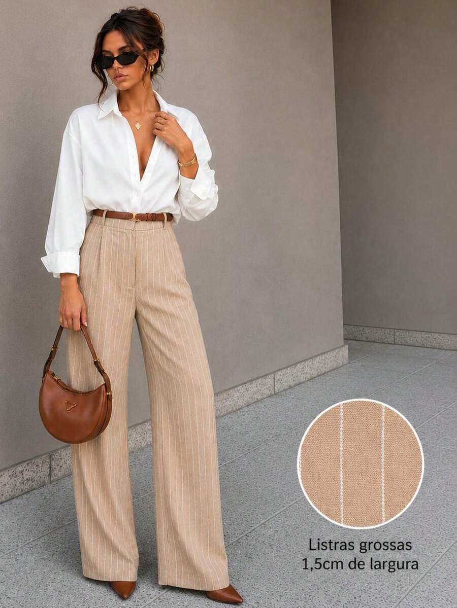 Striped Tailored Wide Leg Pants - Apricot - View 1
