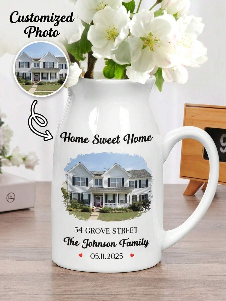 Custom Photo "Our First Home" Housewarming Gift, Suitable For Couples And Families, Personalized Ceramic Vase - White - View 1