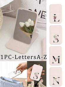 White Mini Initial Folding Portable Makeup Mirror, Printed With Purple Flowers A-Z Letters, With Stand Makeup Mirror, Travel Mirror, Beauty Product, Desktop Makeup Mirror, Rectangular Desktop Compact Makeup Mirror, Foldable Small Minimalist Makeup Mirror, Student Dorm Back To School Mirror, Back To School Gift, Travel Portable Makeup Mirror, Suitable For Women Gifts - Back To School Season, Best Gift For Teachers - Multicolor - View 3