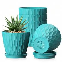 5er Set 15 cm Weiße Kunststoff Blumentöpfe mit Untersetzern und Abflusslöchern, 3D Wellenstruktur Übertöpfe für Sukkulenten, Kräuter, Efeutute, Fensterbank, Balkon, Büro und klare Home Garden Deko - 5 Stück, 10 cm Durchmesser - Übersicht 9