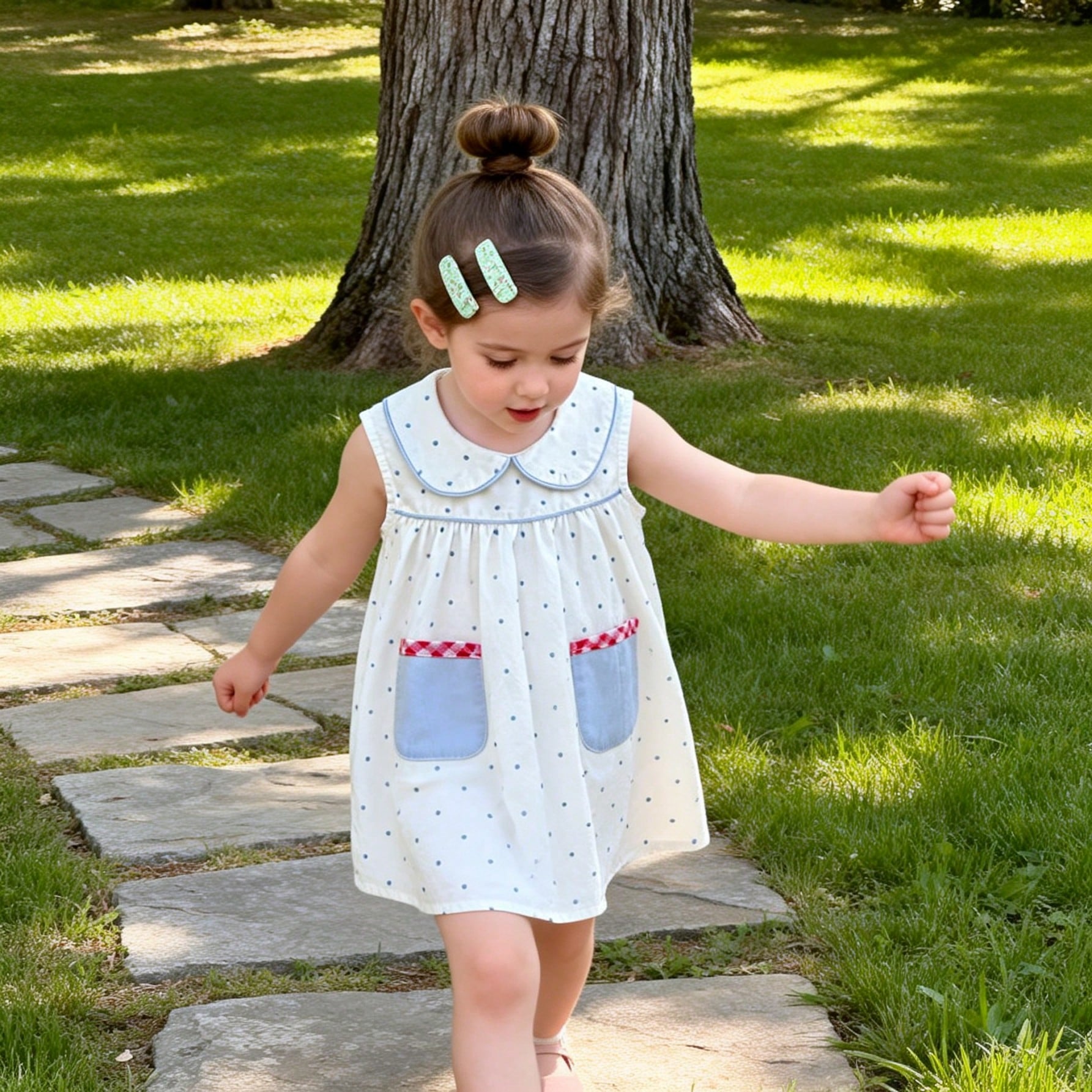 Pieza Vestido sin mangas con lunares azules para niña, diseño de bolsillo doble lindo, casual y cómodo para el verano