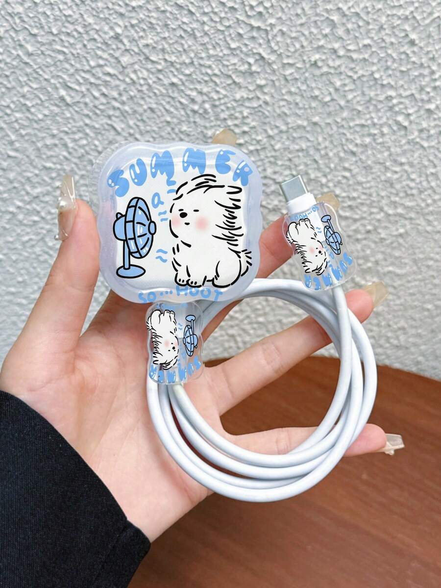3pcs Set Wavy Pattern Charger Cable Protector UV Painted Cute Puppy Fan Letter Pattern Compatible With UK Standard Apple Fast Charger 20W UK Standard Charger Prevent Cable Damage - Multicolor - View 1