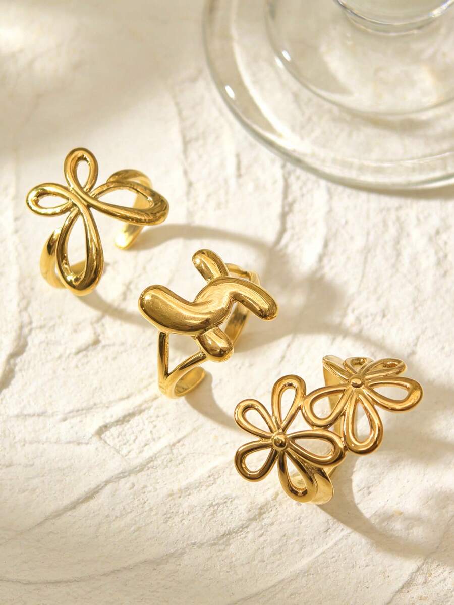 3pcs 18K Gold Plated Stainless Steel Adjustable Butterfly Rings Set, Fashion Beach Flower Butterfly Rings